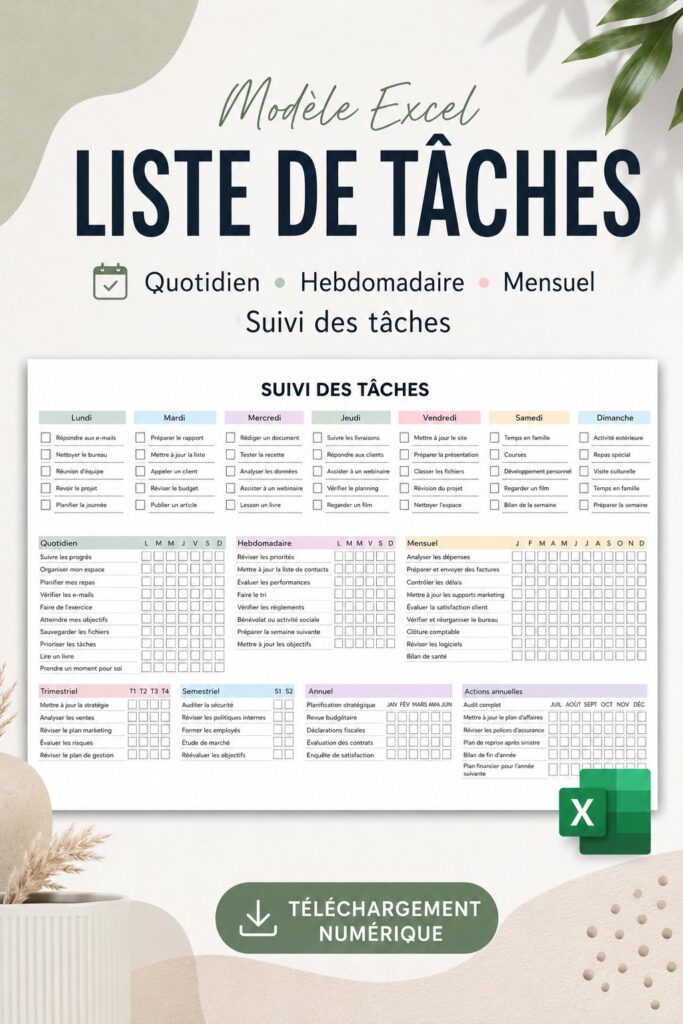 Modèle de liste de tâches Excel sur un bureau avec un ordinateur et une tasse de café