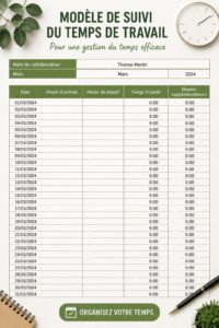 Un bureau avec des modèles de contrôle horaire affichés sur un ordinateur et un cahier.