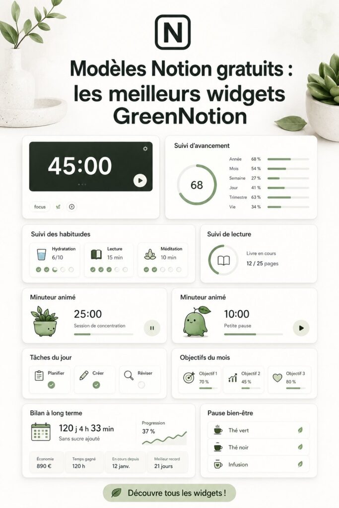 Exemple de modèles gratuits Notion avec des widgets variés pour une meilleure organisation quotidienne.