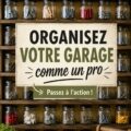Garage bien organisé avec des étagères et des outils rangés.