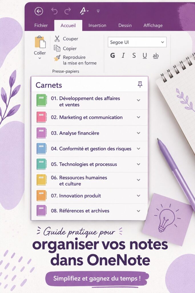 Capture d'écran de l'application OneNote avec une interface organisée