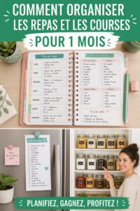 Femme souriante organisant ses repas du mois avec des notes et des recettes
