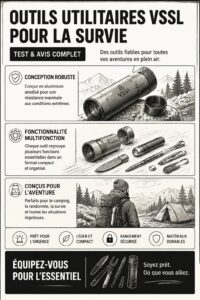 Outils de survie VSSL présentés en extérieur, parfaits pour les aventurières.
