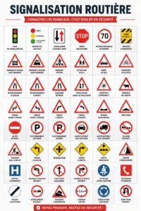 Illustration de différents types de panneaux de signalisation routière, incluant des panneaux d'interdiction et d'obligation.