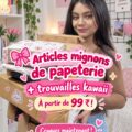 Papeterie kawaii colorée et mignonne, incluant stylos, cahiers, et autocollants.