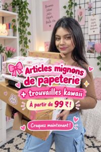 Papeterie kawaii colorée et mignonne, incluant stylos, cahiers, et autocollants.