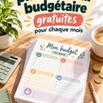 Planificateur budgétaire gratuit affiché sur un bureau avec des fournitures de bureau