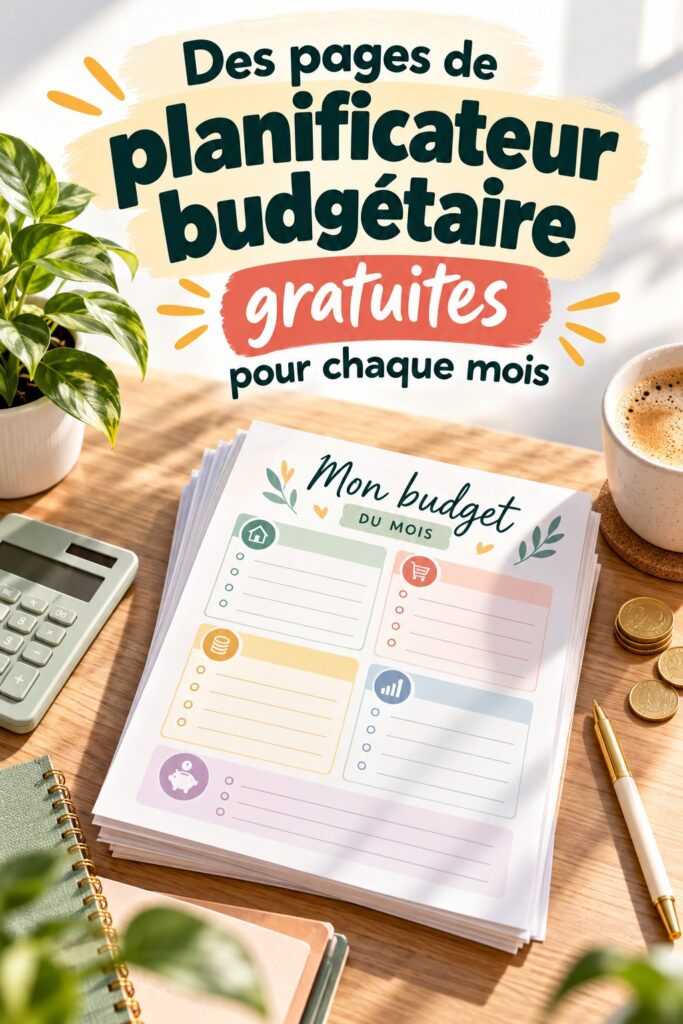 Planificateur budgétaire gratuit affiché sur un bureau avec des fournitures de bureau