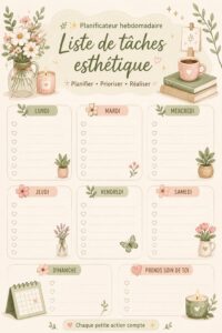 Planificateur hebdomadaire florissant avec des motifs floraux sur un bureau en bois.
