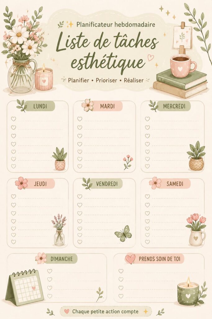 Planificateur hebdomadaire florissant avec des motifs floraux sur un bureau en bois.