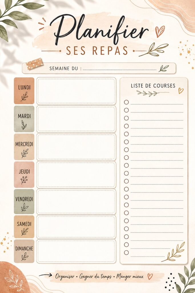 Femme souriante devant une table de repas bien organisée avec un planning visible.