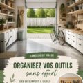 Porte-outils en bois fait maison, bien organisé avec divers outils.