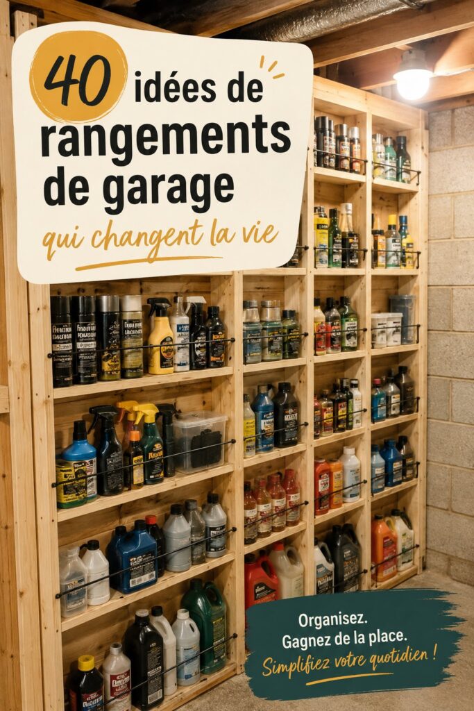 Un garage bien rangé avec des étagères et des bacs de rangement pratiques.