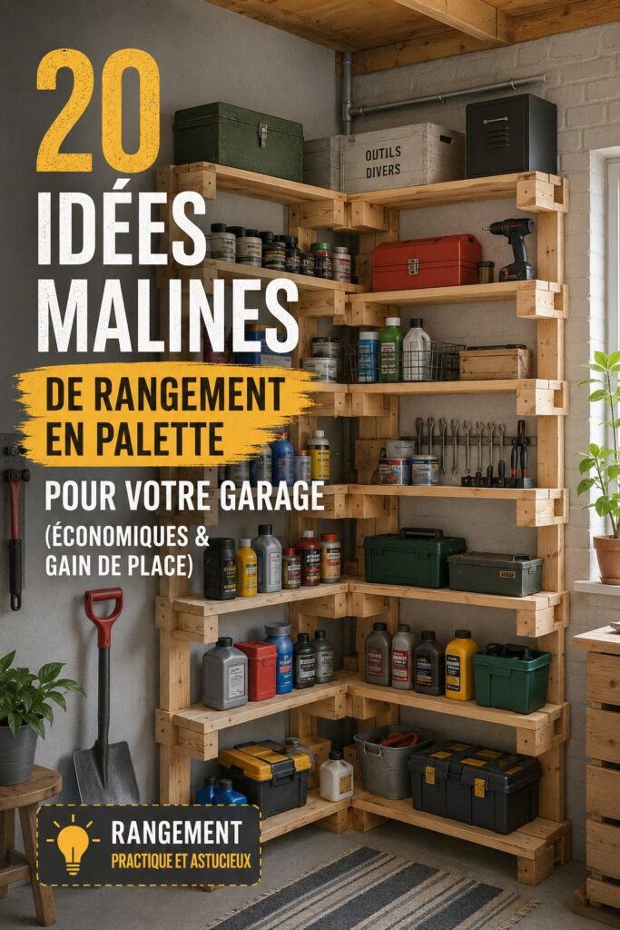 Garage organisé avec des rangements en palettes en bois