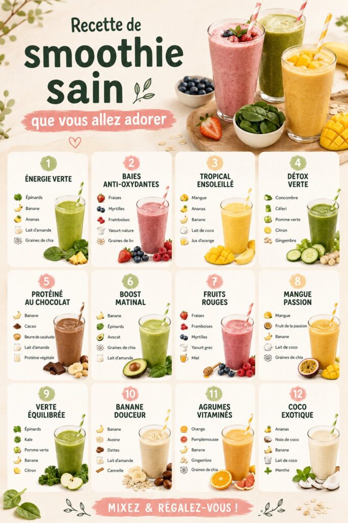 Smoothie sain et coloré prêt à déguster, rempli de fruits frais et de légumes.