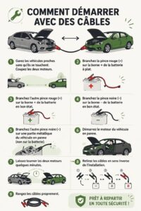 Une femme portable en main, prête à redémarrer sa voiture avec des câbles.