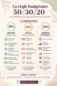 Illustration d'un budget personnel basé sur la règle 50/30/20 et des finances bien gérées.