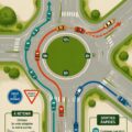 Conductrice au volant, appliquant la règle du rond-point pour une circulation fluide.