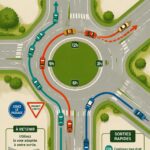Conductrice au volant, appliquant la règle du rond-point pour une circulation fluide.