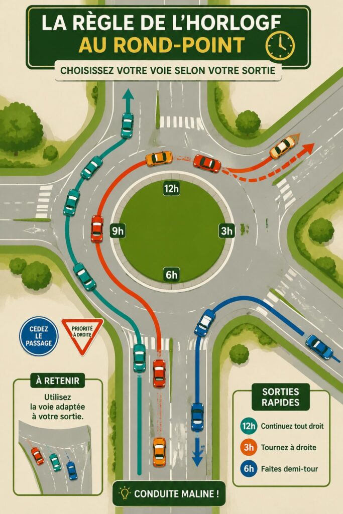 Conductrice au volant, appliquant la règle du rond-point pour une circulation fluide.