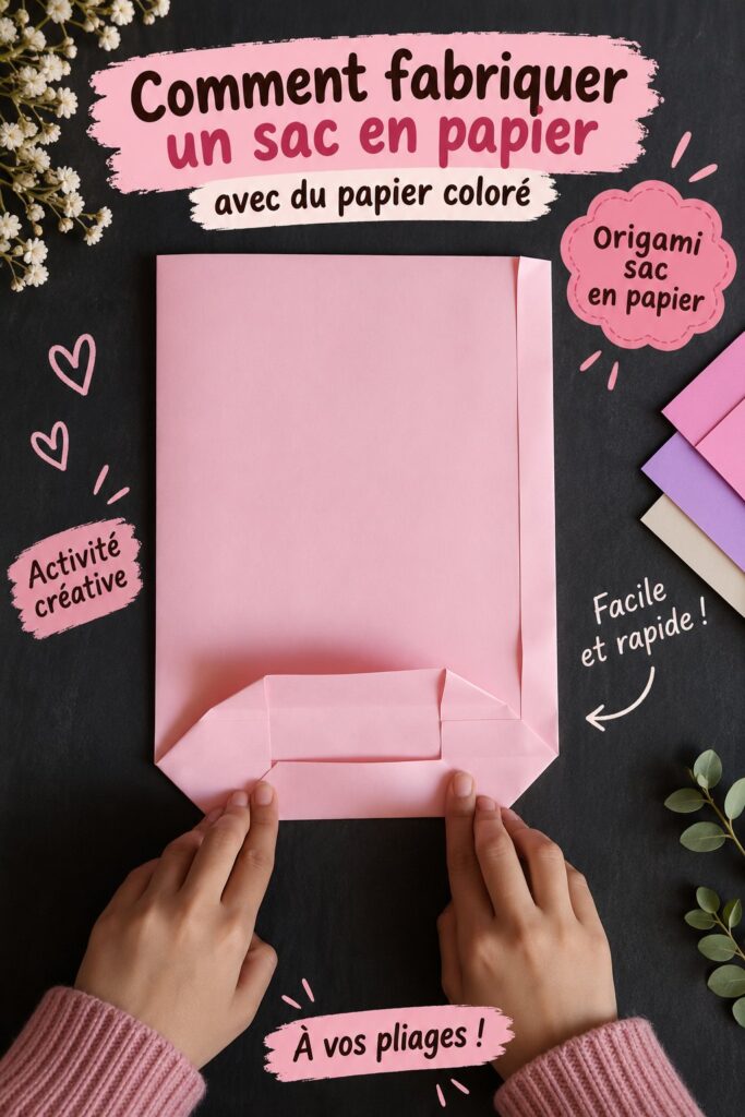 Sac en papier coloré sur une table de travail avec des fournitures de bricolage