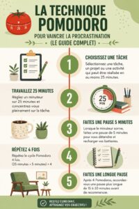 Un minuteur Pomodoro devant un bureau bien organisé, symbolisant la gestion du temps et la productivité.
