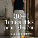 Femme en tenue chic au bureau, affichant un style professionnel élégant.