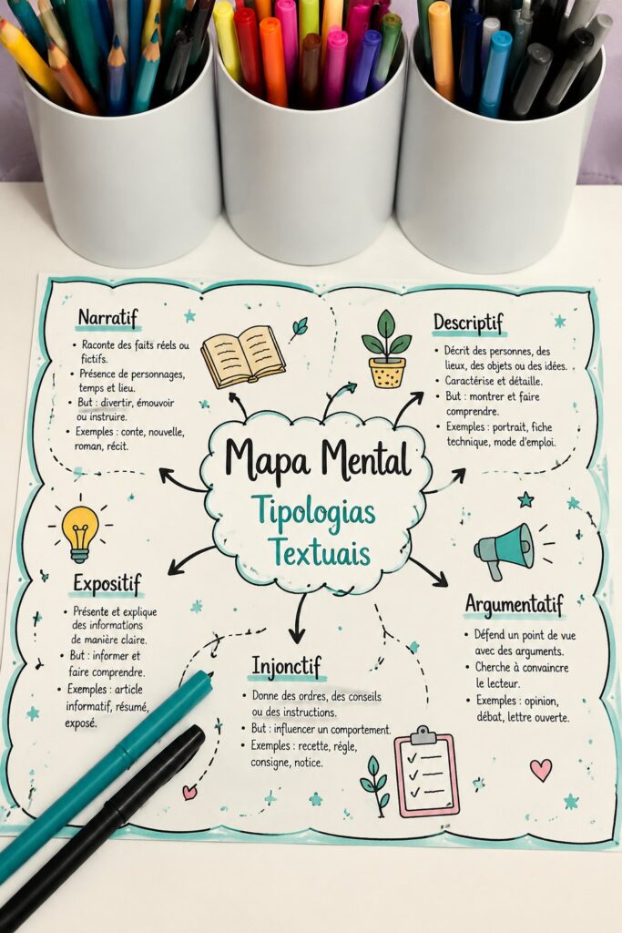Un Mapa Mental illustrant les typologies textuelles.