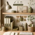 Un bureau décoré avec des accessoires en vert olive dans un style Japandi