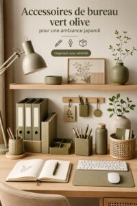 Un bureau décoré avec des accessoires en vert olive dans un style Japandi