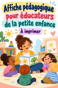 Affiche imprimable sur l'éducation et le soin des jeunes enfants, illustrée avec des couleurs vives.