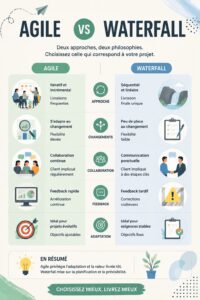 Illustration des méthodes Agile et Waterfall en gestion de projet