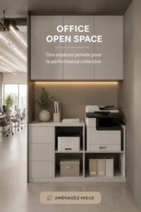 Aménagement d'un bureau open space moderne avec des espaces collaboratifs et des zones de travail individuels.