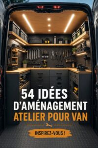 Aménagement intérieur d'un van avec espace de rangement moderne et pratique.