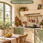 Cuisine aménagée dans un style provençal, avec des éléments en bois et des couleurs douces.
