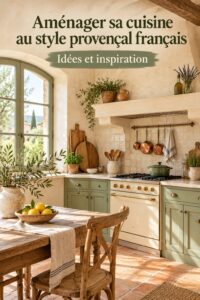 Cuisine aménagée dans un style provençal, avec des éléments en bois et des couleurs douces.