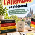Femme apprenant l'allemand avec des livres et un ordinateur