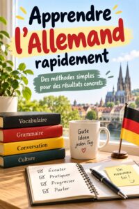 Femme apprenant l'allemand avec des livres et un ordinateur
