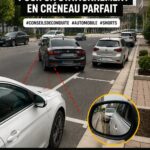 Femme au volant réussissant un créneau avec confiance