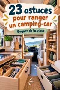 Aperçu d'un espace de camping bien organisé avec des accessoires de rangement pratiques.