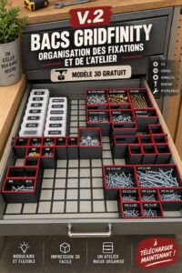 Un garage bien organisé avec des bacs Gridfinity colorés