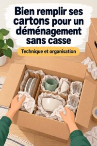 Une femme prépare des cartons pour un déménagement réussi, avec des matériaux d'emballage autour d'elle.