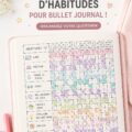 Un Bullet Journal ouvert avec des modèles de habit tracker colorés pour 2024.
