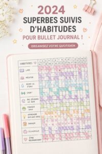 Un Bullet Journal ouvert avec des modèles de habit tracker colorés pour 2024.