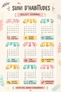 Bullet Journal ouvert avec des sections de suivi d'habitudes colorées