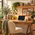 Un bureau bien aménagé avec une chaise confortable et des éléments de décoration chaleureux.
