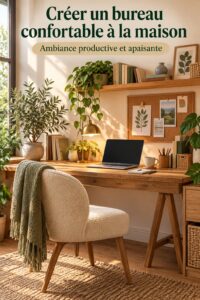 Un bureau bien aménagé avec une chaise confortable et des éléments de décoration chaleureux.