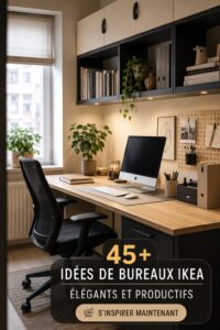 Bureau moderne IKEA avec des éléments décoratifs inspirants et un espace de travail organisé.