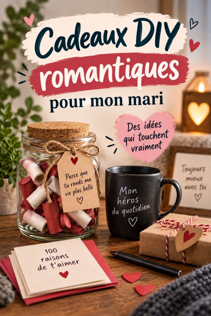 Un cadeau fait main romantique pour un homme, comprenant des souvenirs et des lettres d'amour.