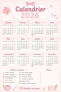 Un calendrier 2026 coloré affiché sur un bureau, entouré de fournitures de papeterie.